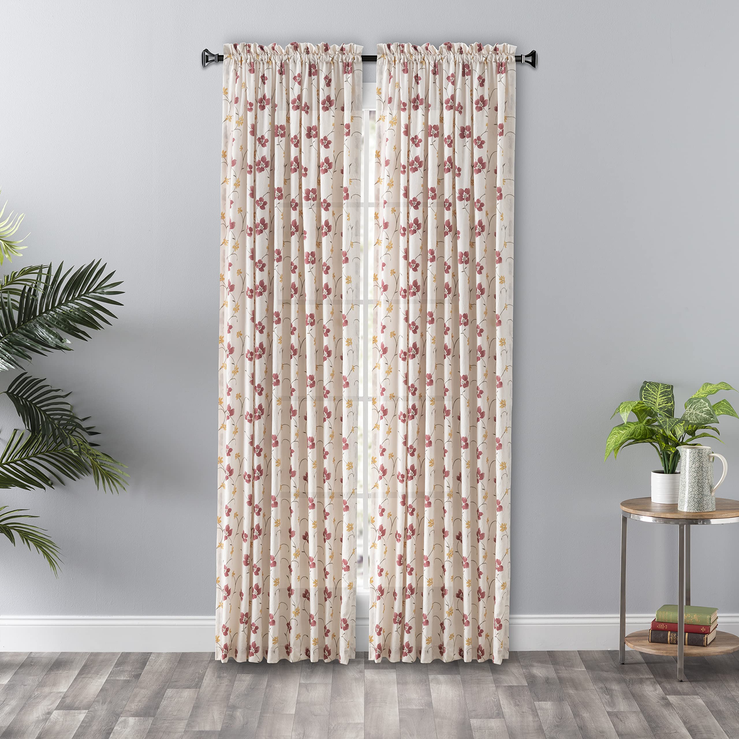 Ellis Curtain Zoe Crushed Taffeta Floral Print Window Curtain Panel - 48x84 Inches, Wine Red - Elegant Home Decor for Living Room, Bedroom & Dining Room