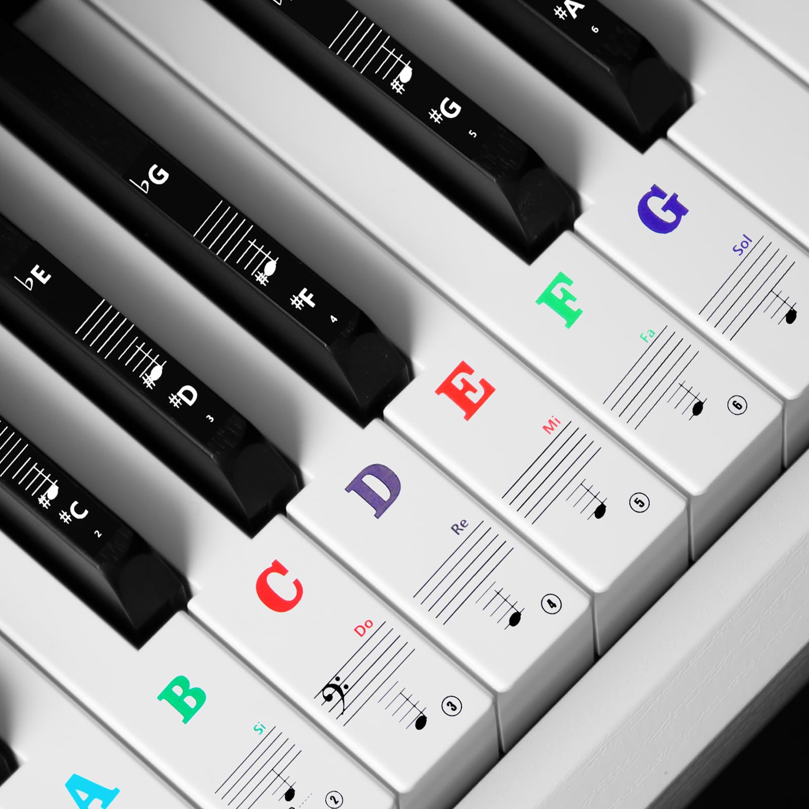 Colorful 88/61/54/49 Key Piano Keyboard Stickers - Bold Large Letter Transparent Removable Piano Note Stickers for Beginners Learning - Perfect for Home Practice, Music Lessons & Self-Study