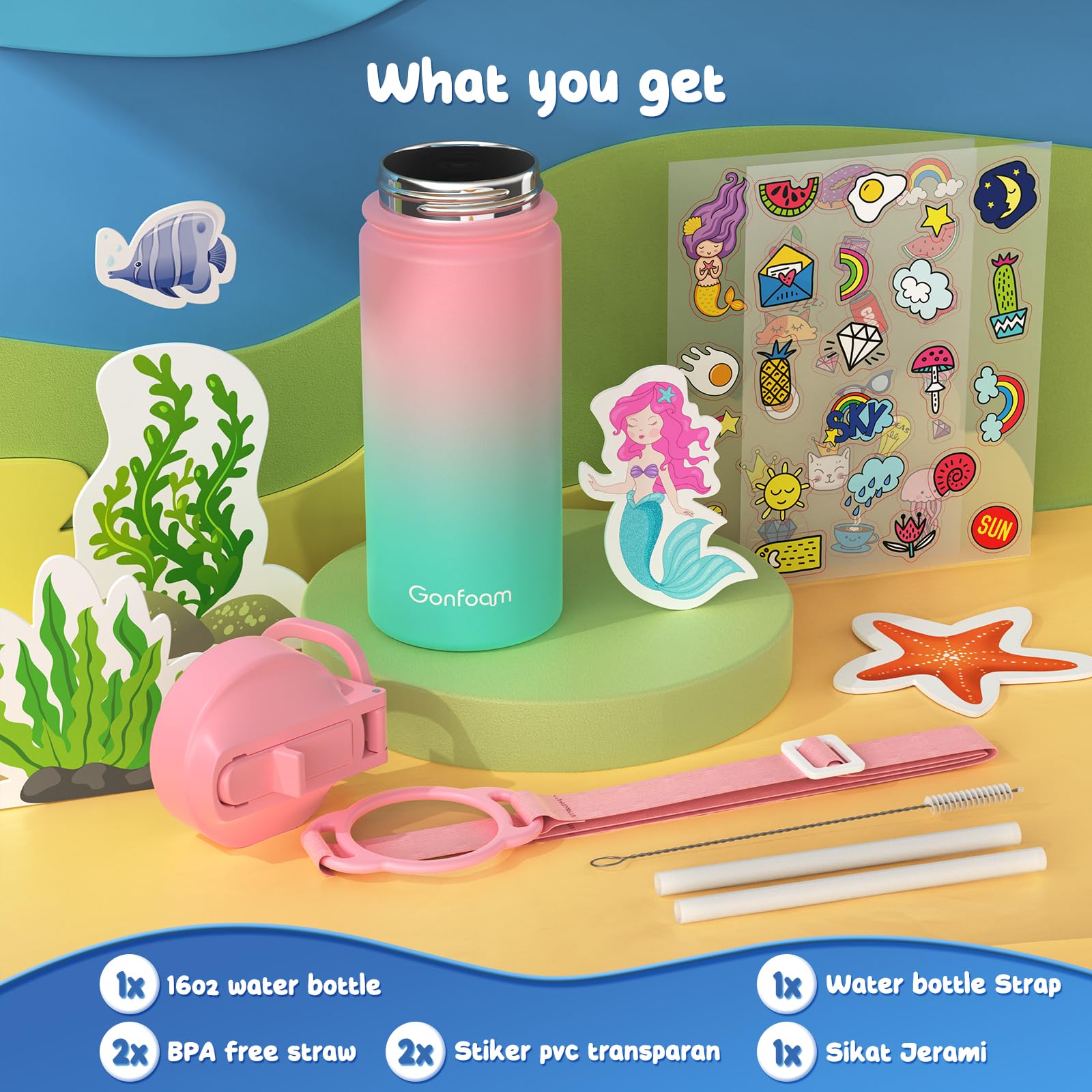 16oz Kids Water Bottle with Stickers for School - Leak Proof & BPA Free, Pink & Green Options, Perfect for Classrooms, Sports & Outdoor Activities