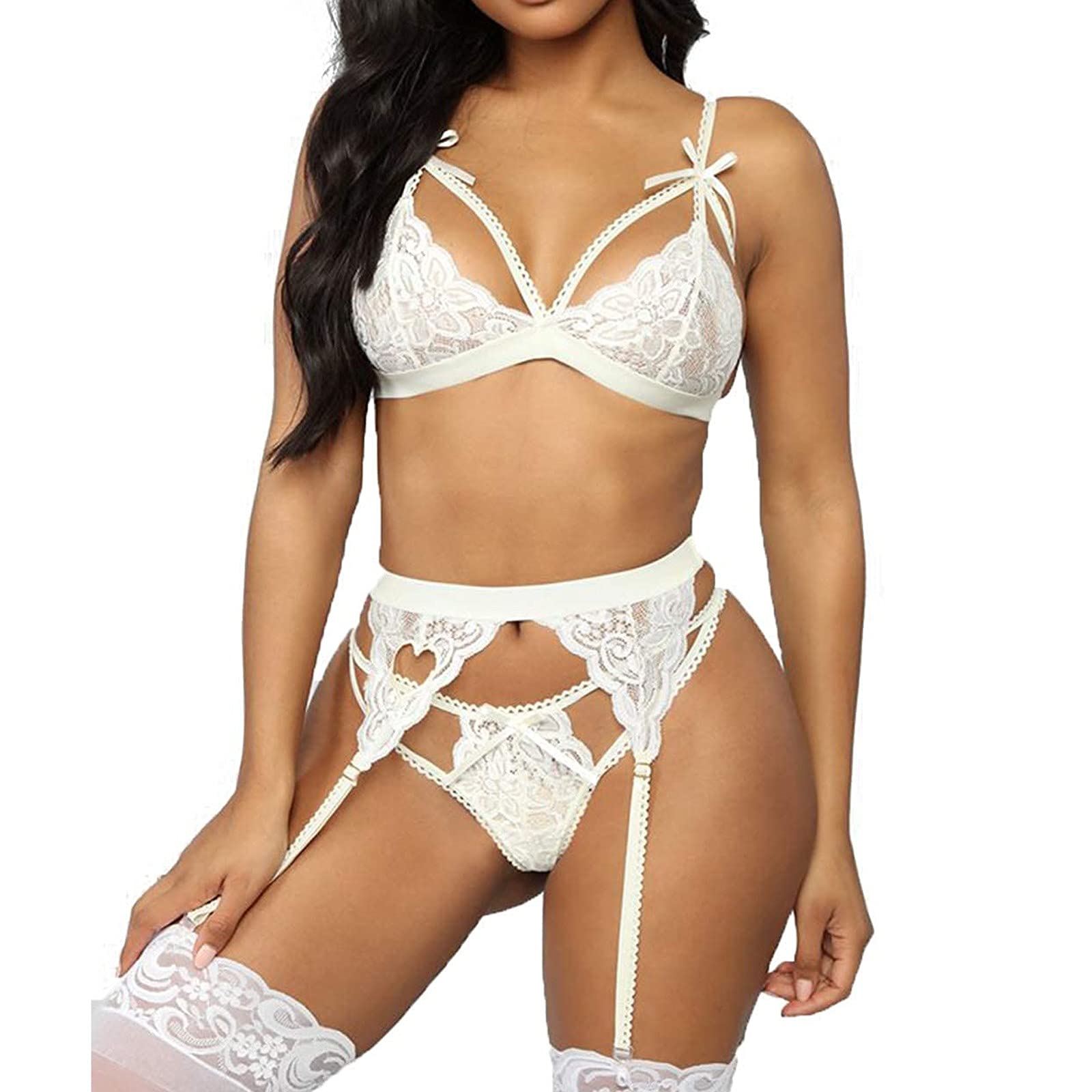 Sexy Lace Lingerie Set for Women - Push Up Bra, Panties & Socks - Romantic Embroidery Underwear for Valentine's Day, Anniversary & Honeymoon