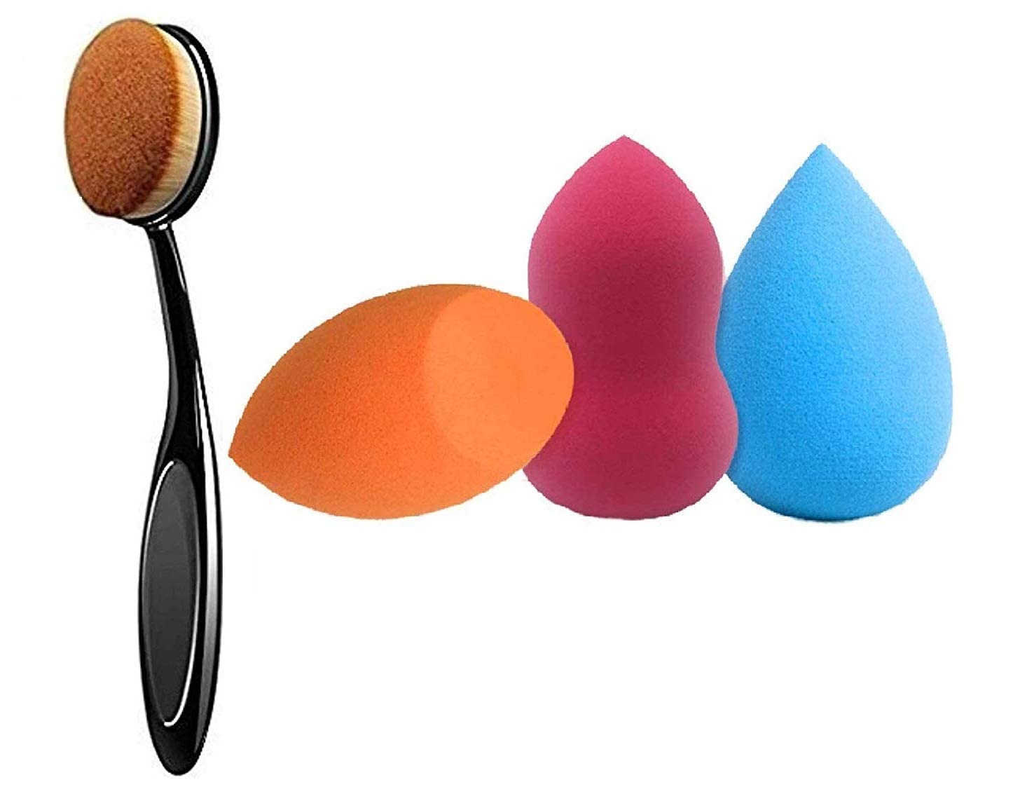 SUNISA Black Oval Foundation Makeup Brush & 3-Piece Multishape Multicolor Beauty Blender Sponge Set - Perfect for Liquid, Cream & Powder Makeup Application (Pack of 4)