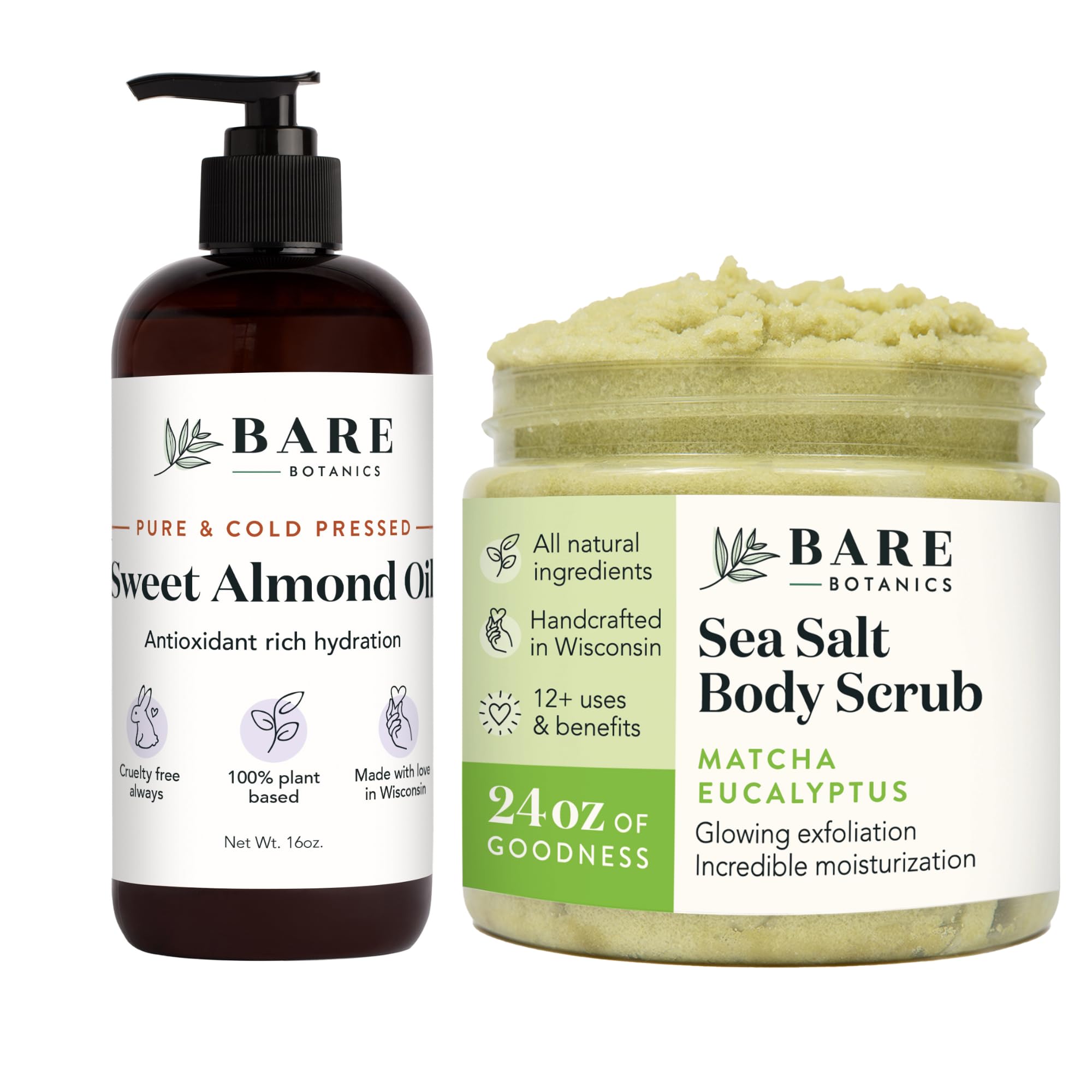 Bare Botanics Sweet Almond Hair & Body Oil with Matcha Eucalyptus Body Salt Scrub - Natural Moisturizing & Exfoliating Set for Dry Skin & Hair Care - Perfect for Spa Day, Self-Care & Relaxation at Home