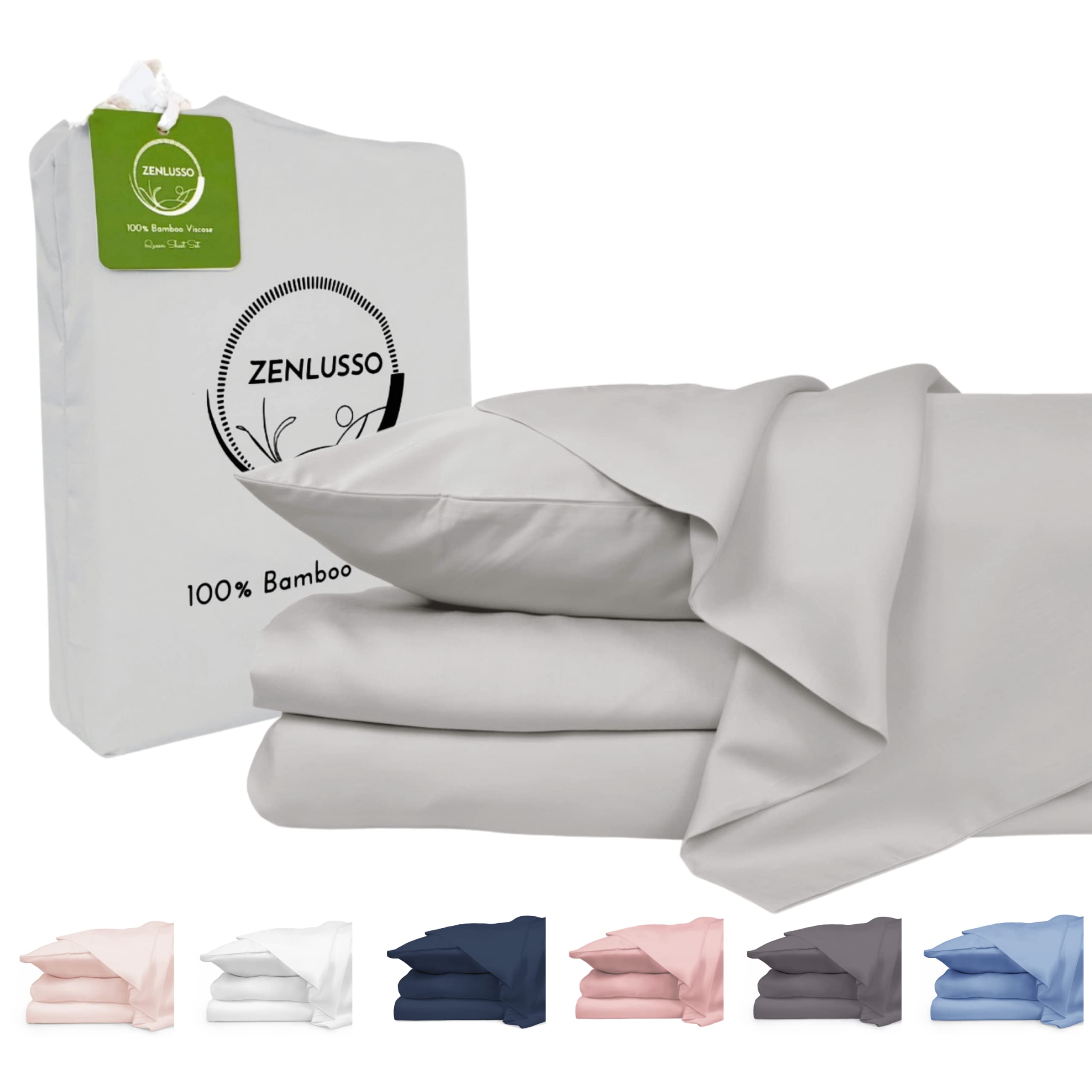 ZENLUSSO 100% Organic Bamboo Sheets Set - Silky Soft & Cooling 3-Piece Bedding (Twin XL, Platinum Grey) | Fitted Sheet, Flat Sheet & Pillowcase | 16
