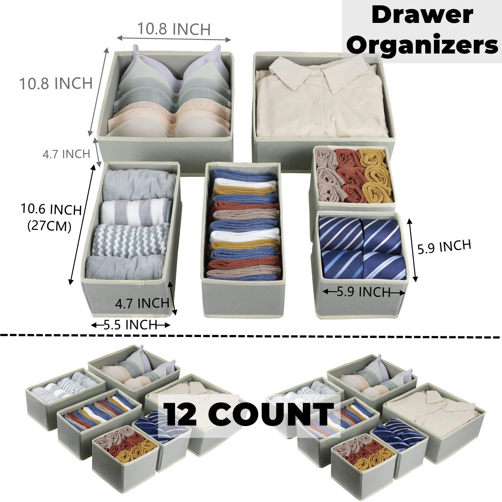 12 Pack Foldable Cloth Drawer Organizers - Storage Bins for Underwear, Socks, Bras, Baby Clothes & Towels | Space-Saving Drawer Dividers for Bedroom, Nursery & Closet Organization (Perfect for Folded Clothes & Accessories)