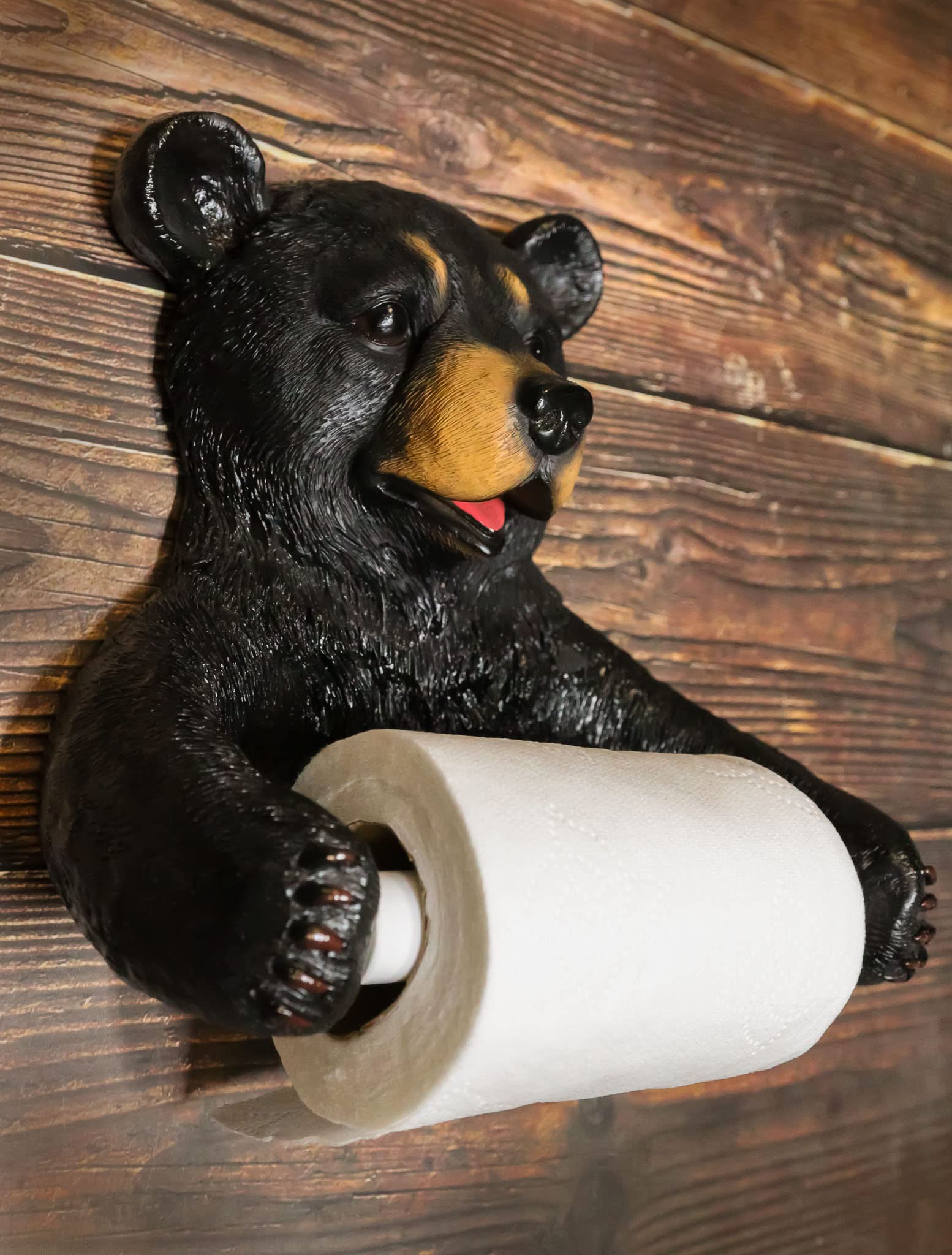 Ebros Whimsical Black Bear Toilet Paper Holder - Rustic Cabin Bathroom Wall Decor (8.25