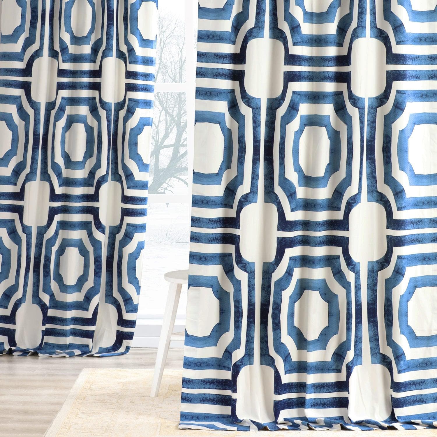 Mecca Blue Geometric Printed Cotton Blackout Curtains for Bedroom & Living Room - Energy Efficient, Noise Reducing, Light Blocking Window Drapes for Home Decor