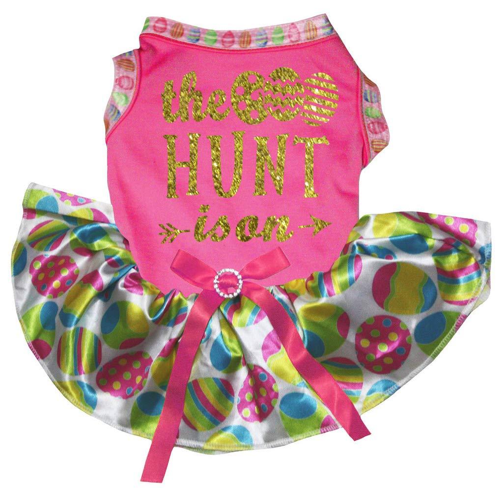 Petitebella Easter Egg Hunt Puppy Dog Dress for Small Dogs - Hot Pink with Rainbow Eggs Design | Perfect for Easter Photos, Spring Parties & Pet Costume Contests