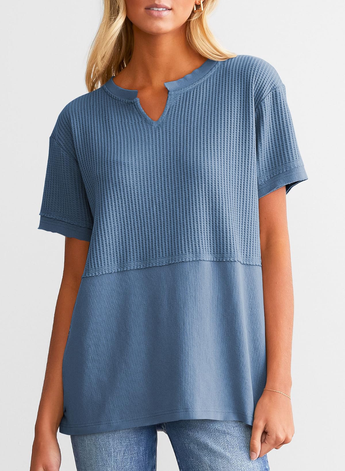 SHEWIN Women's Casual V-Neck Waffle Knit Short Sleeve T-Shirt - Loose Fit Blouse for Summer, Spring & Fall | Perfect for Work, Weekend Outfits & Layering