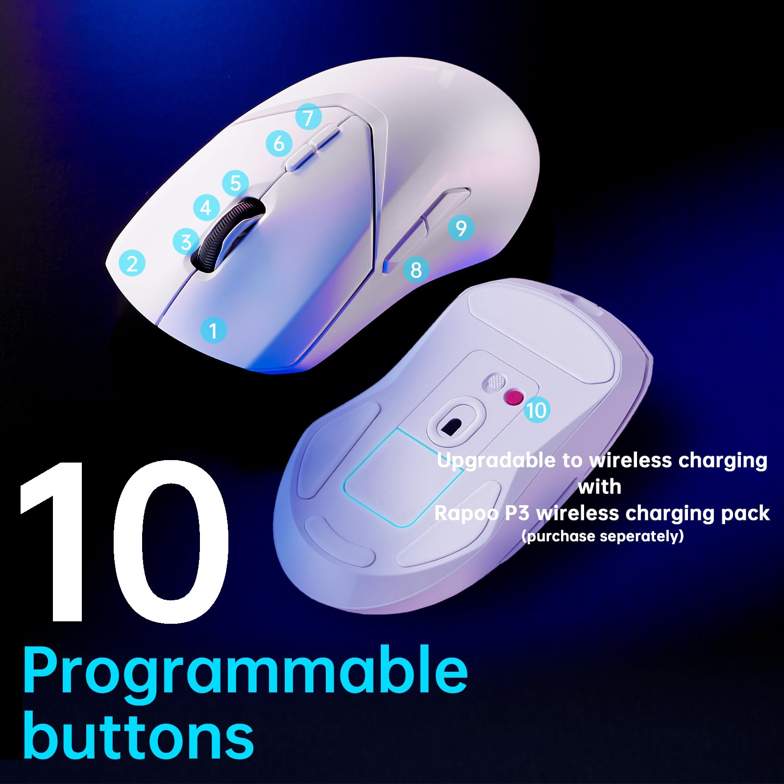 RAPOO VT9Pro Wireless Gaming Mouse - 26000 DPI PAW 3398 Sensor, 1ms Response Time, 10 Programmable Buttons, Lightweight Esports Mouse with Long Battery Life (White) - Perfect for FPS, MOBA Games and Professional Gaming