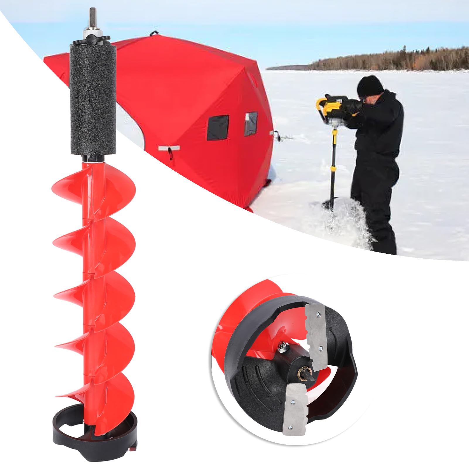 6 Inch Cordless Ice Fishing Auger with Nylon Bit, 28 Inch Length - Includes Locator Cutter & Wrench for Easy Ice Drilling - Perfect for Winter Fishing & Outdoor Adventures
