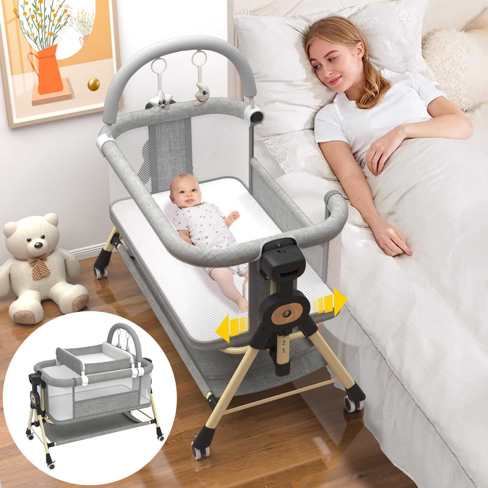 4-in-1 Portable Baby Bassinet with Changing Station & Storage Basket - CPSC Certified Bedside Sleeper with Horizontal Sway Function for Newborns | Perfect for Nursery, Bedside Co-Sleeping & Travel