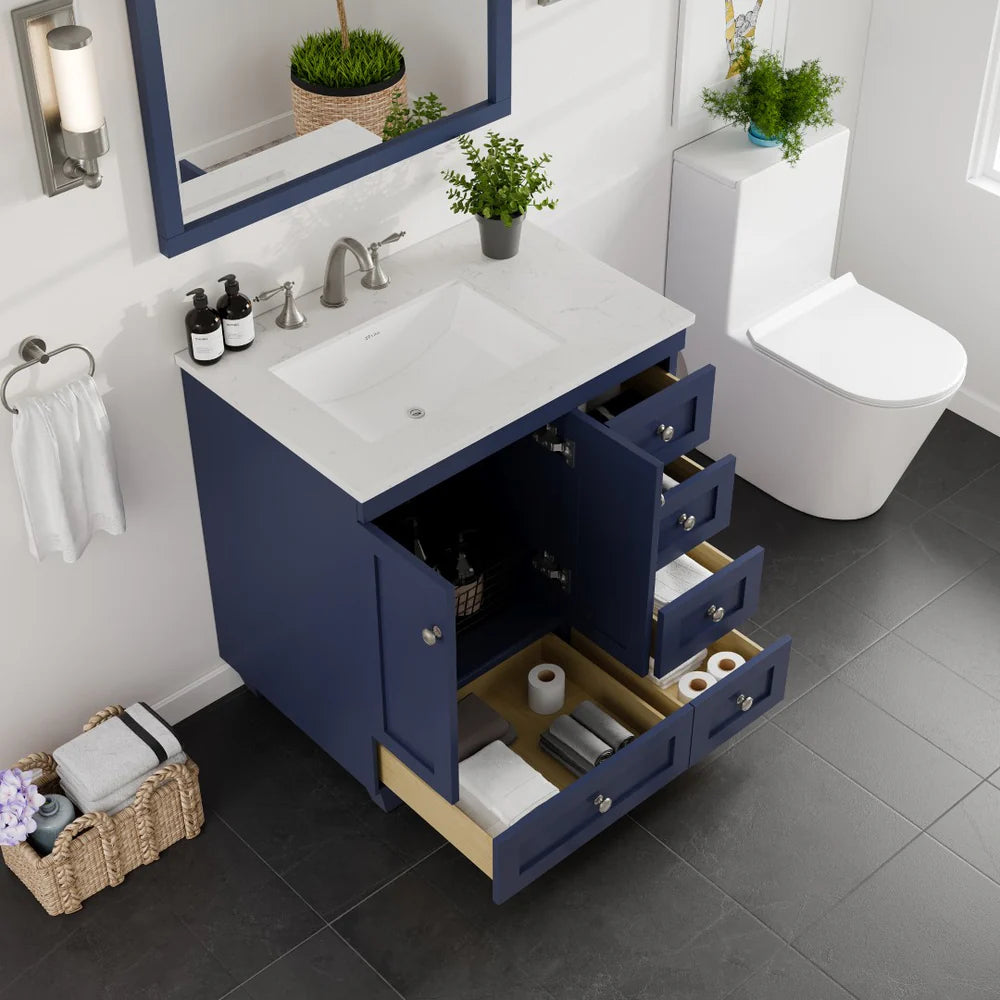 Eviva Acclaim 30 Inch Bathroom Vanity with Carrara Quartz Countertop - Modern White Bathroom Sink Cabinet for Small Spaces, Perfect for Powder Rooms and Guest Bathrooms