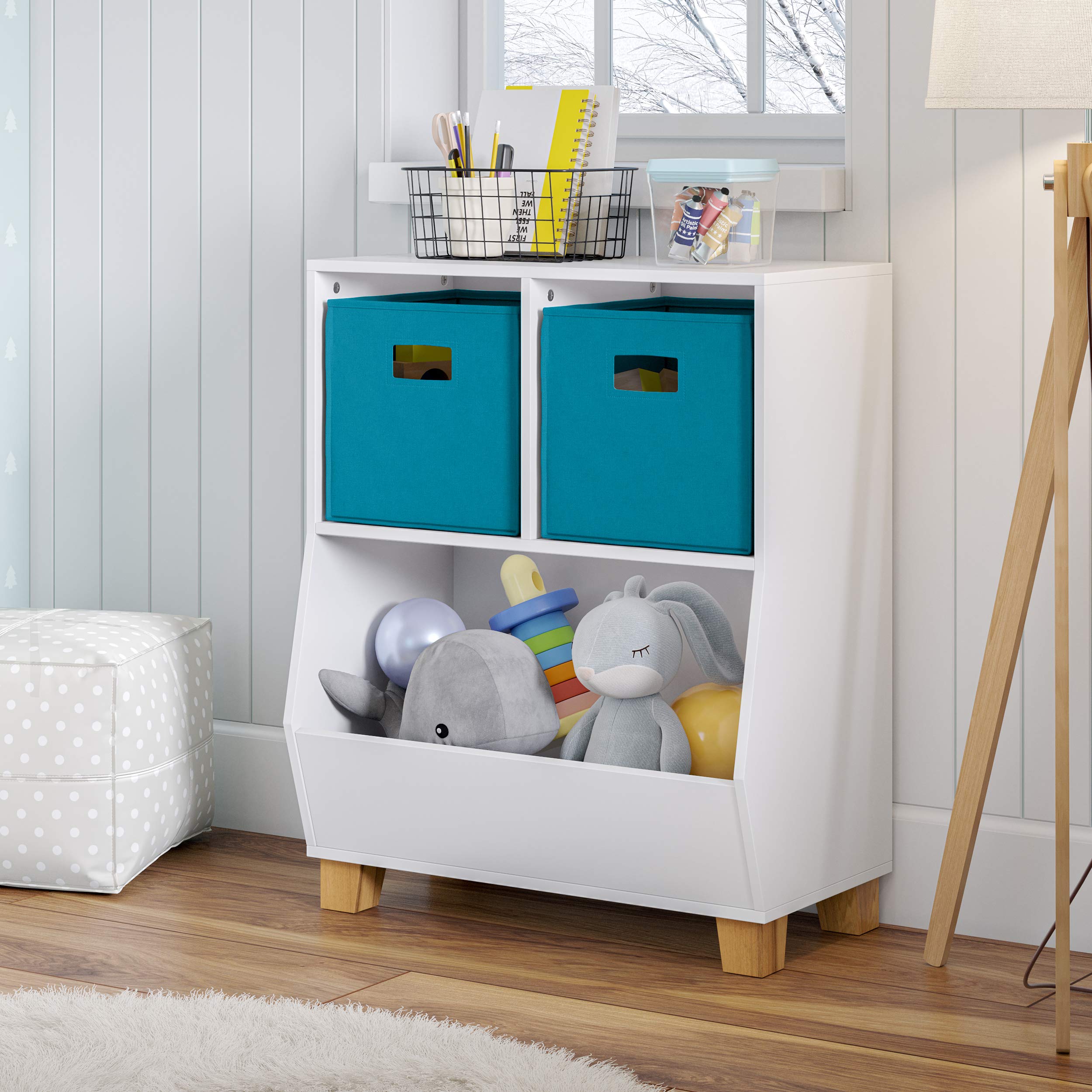 RiverRidge Kids Bookshelf Toy Storage Organizer with 2 Cubbies & Spacious Bin - White Playroom Organizer for Toys, Books & Kids Room Decor - Perfect for Nursery, Daycare or Classroom Storage Solutions