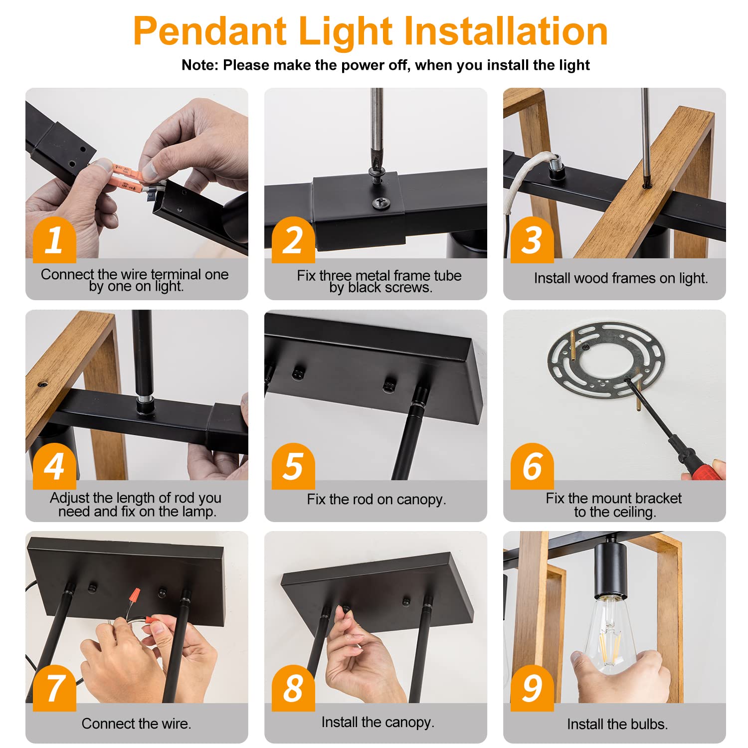 Farmhouse Chandelier - 5-Light Wood and Black Rustic Pendant Lighting for Dining Room & Kitchen Island (41.3