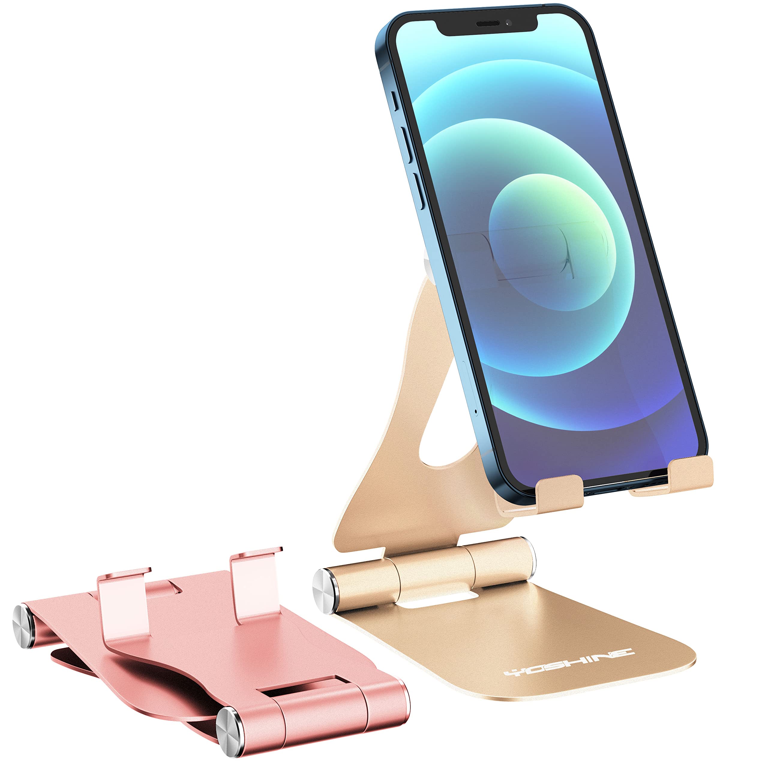 Upgraded YOSHINE Adjustable Aluminum Phone Stand for Desk - Foldable Portable Cell Phone & Tablet Holder Dock for iPhone & iPad (4-13 Inch) - Gold & Rose Gold - Perfect for Home Office, Video Calls & Hands-Free Viewing