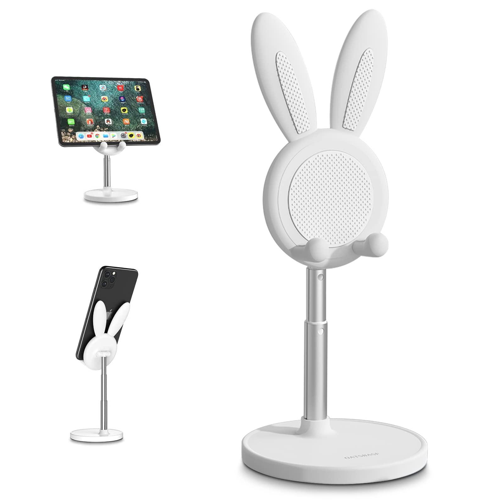Adjustable Bunny Phone Stand for Desk - Cute Rabbit Phone Holder with Angle & Height Adjustment, Compatible with All Smartphones & Tablets 4-10 Inches (White) - Perfect for Office, Home, Bedside & Video Watching