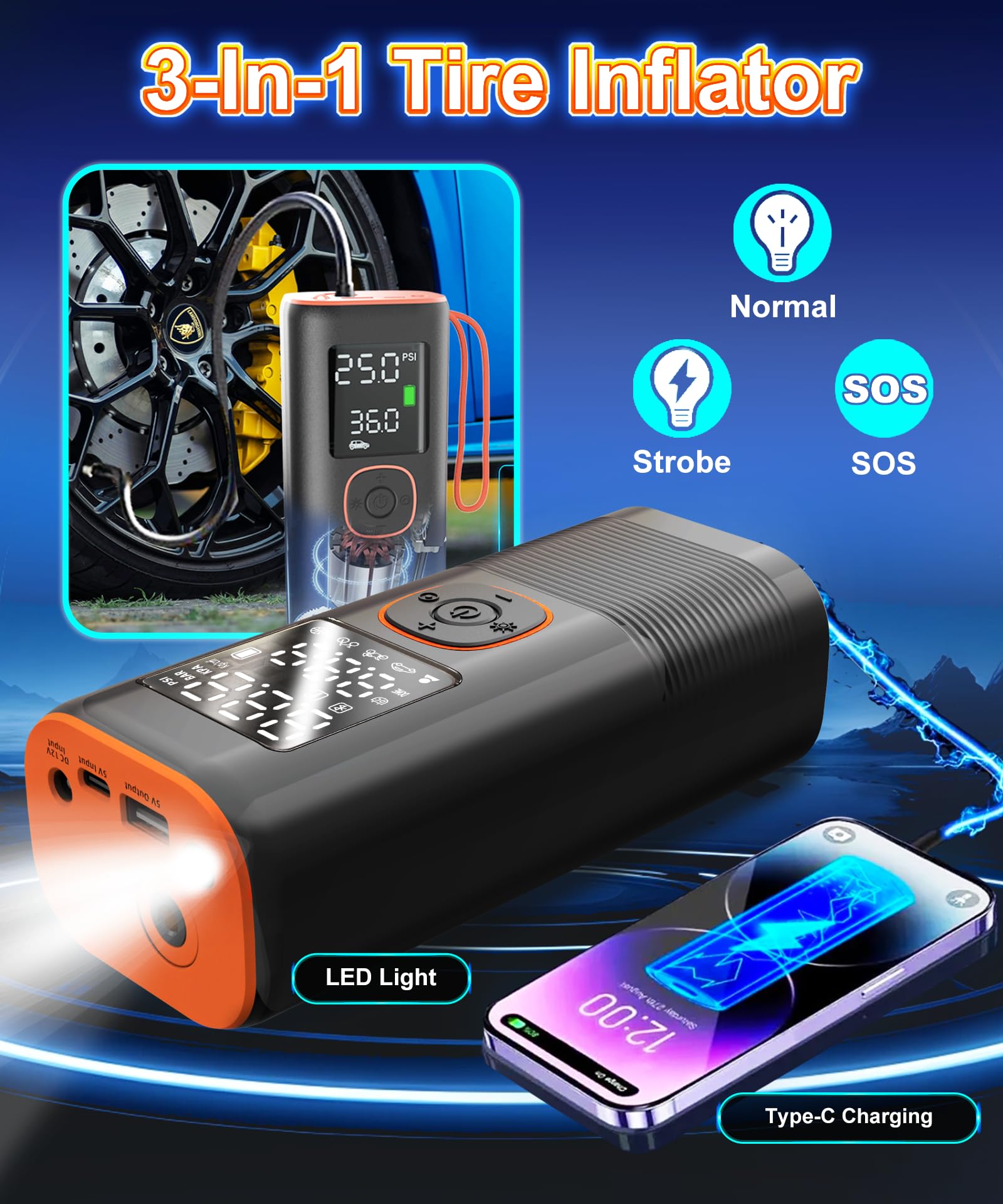 Portable Tire Inflator for Car & Motorcycle - 160PSI Air Compressor with Digital Pressure Gauge, LED Light - Fast Inflation for Car Tires, Bike, Sports Balls - Perfect for Road Trips, Emergency Use & Home Garage