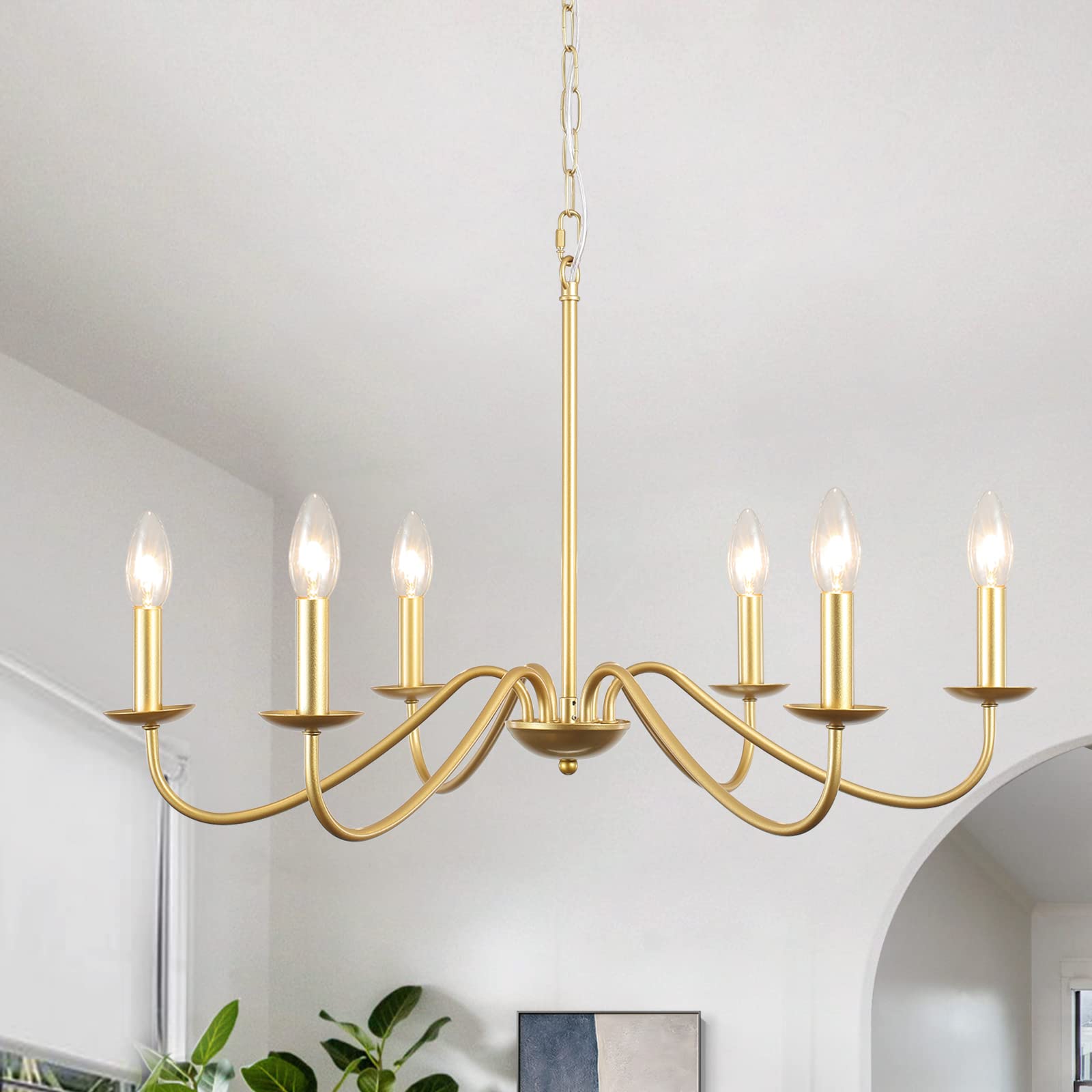 6-Light Modern Farmhouse Gold Chandelier - Candle Style Industrial Pendant Lighting Fixture for Dining Room, Bedroom, Kitchen, Foyer & Living Room | Elegant Ceiling Light for Home Decor & Special Occasions