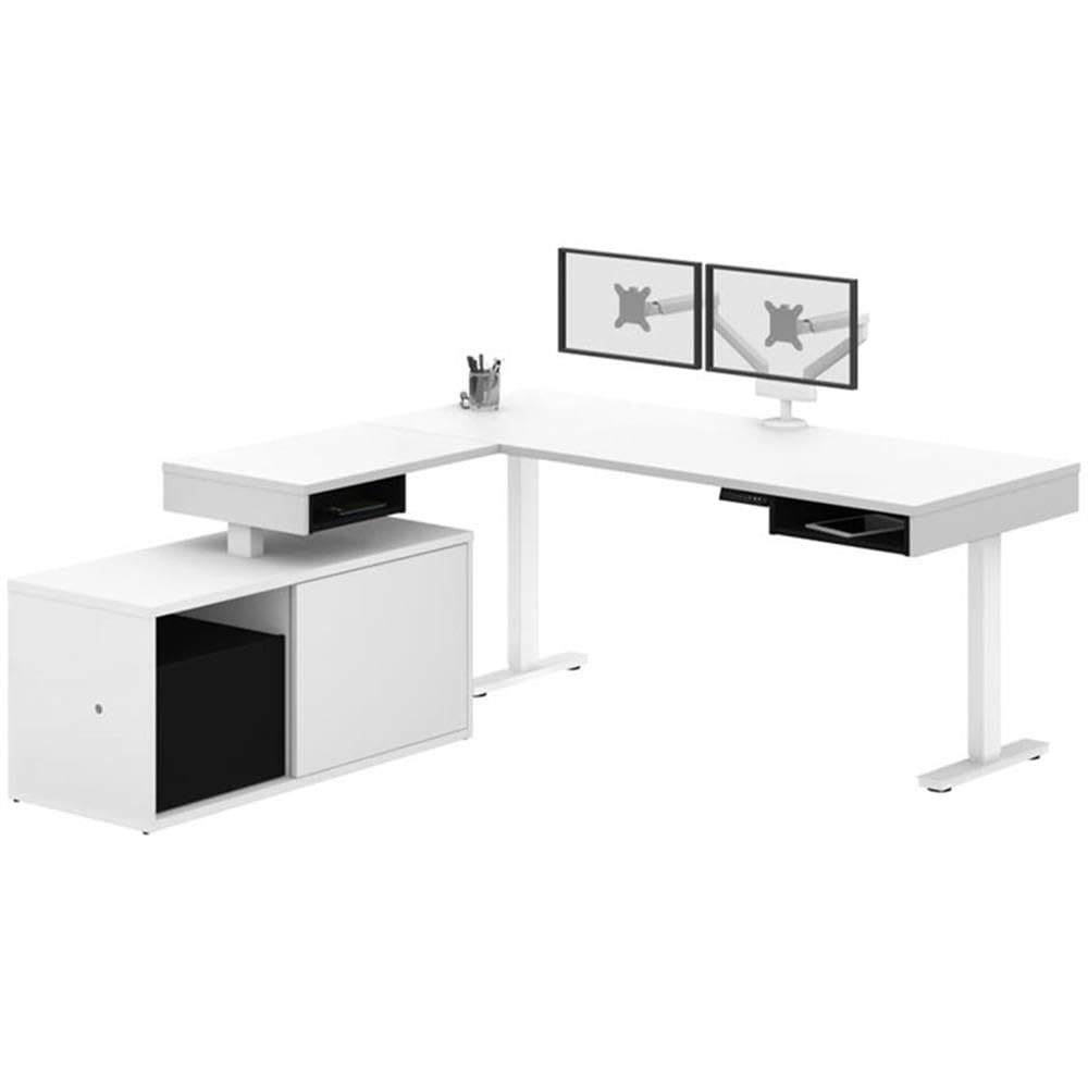 Ergonomic L-Shaped Adjustable Standing Desk with Credenza & Monitor Arms - Home Office Workstation for Remote Work & Gaming Setup