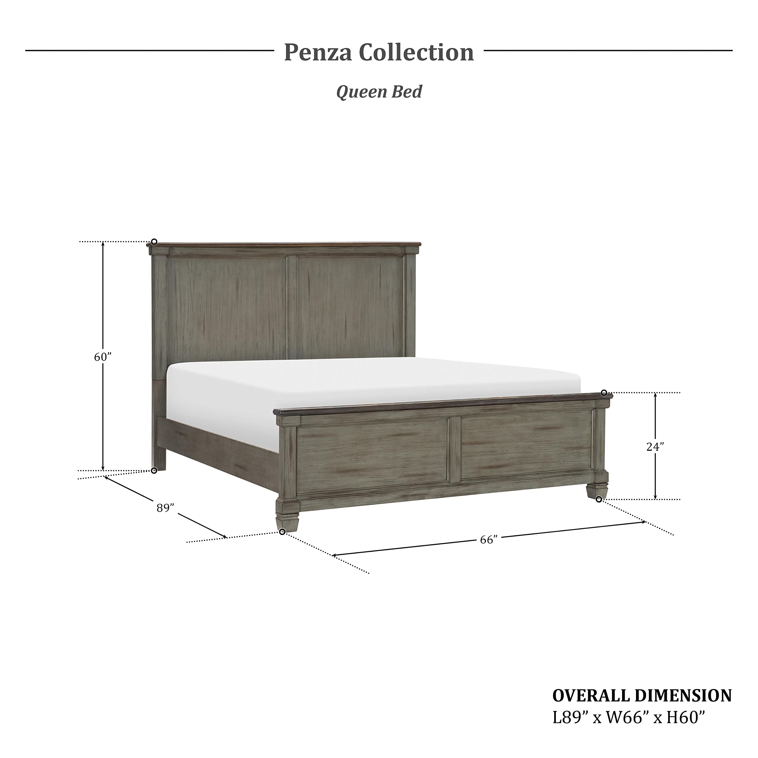 Lexicon Penza Panel Queen Bed Frame - Antique Gray & Coffee Finish - Modern Farmhouse Bedroom Furniture for Master & Guest Rooms