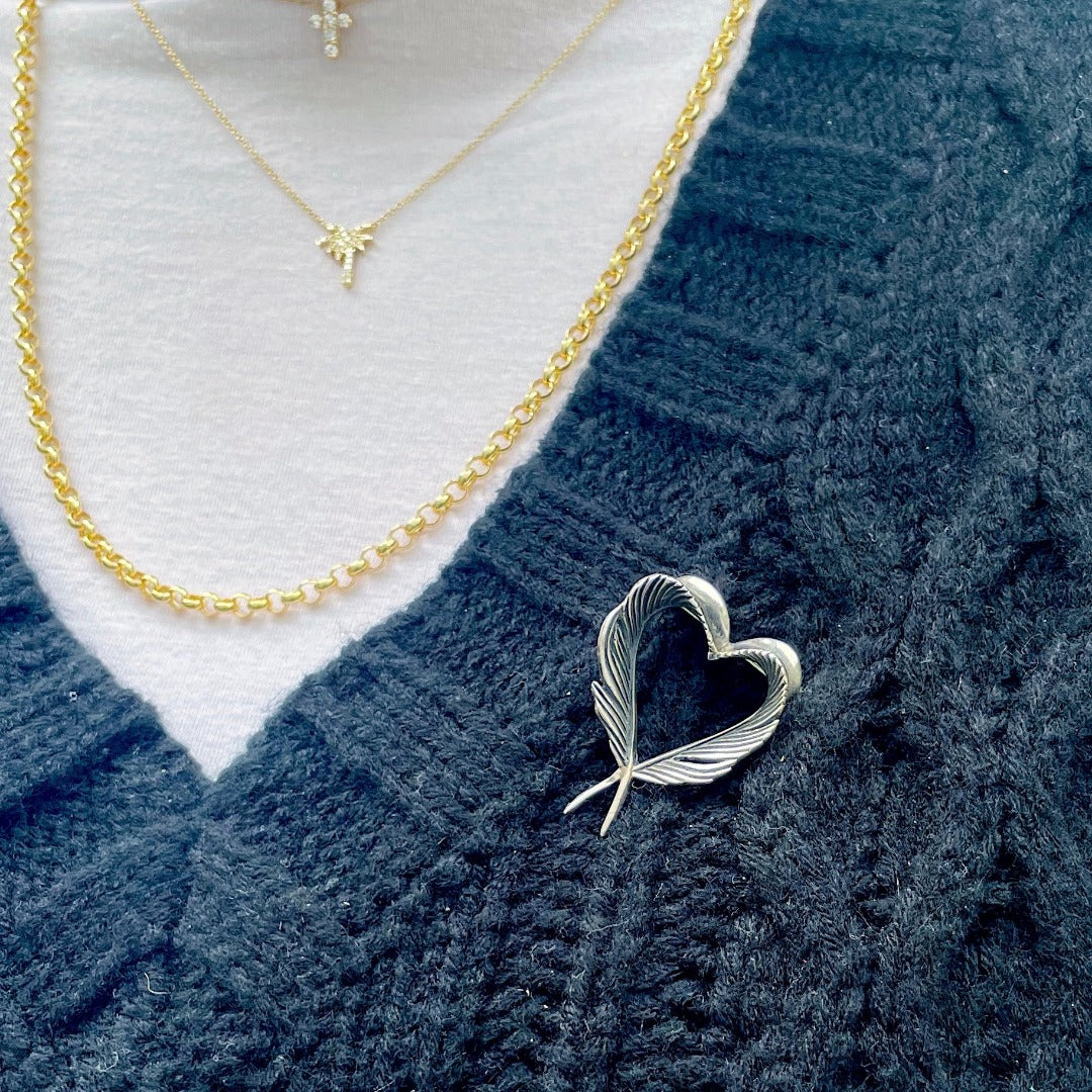 Grainger McKoy Sterling Silver Heart Feather Pin - Elegant Jewelry for Women, Perfect for Gifts, Weddings & Special Occasions