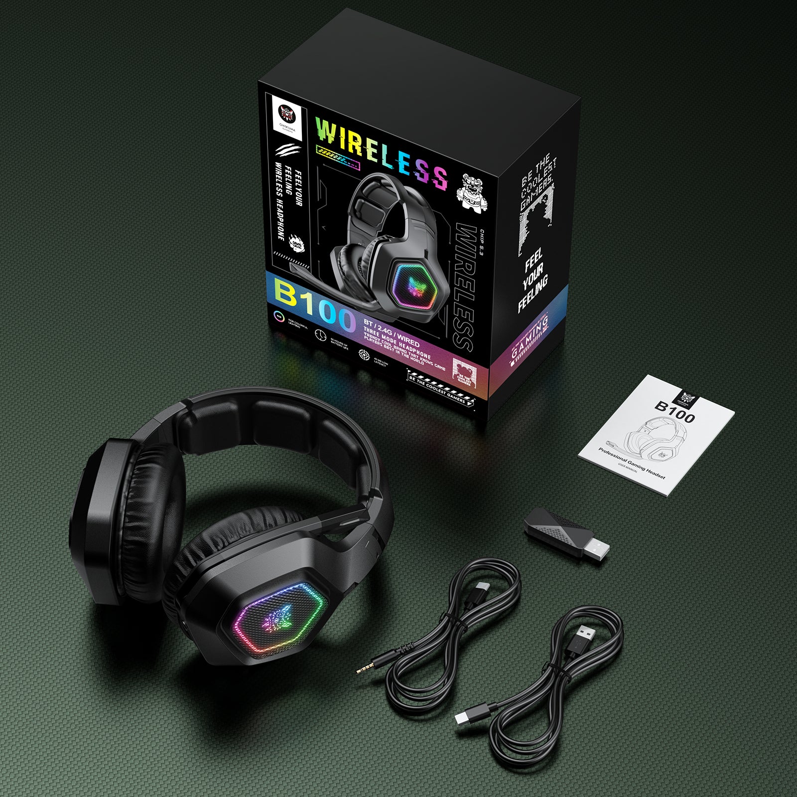 ONIKUMA B100 Wireless Gaming Headset - Bluetooth 2.4G & Wired 3-Mode Lightweight Over-Ear Headphones for PC, PS5, Xbox - Perfect for Esports, Streaming & Online Gaming