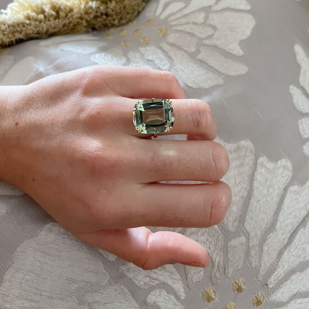 Goshwara 18K Yellow Gold Cushion Prasiolite Ring for Women | Elegant Green Gemstone Jewelry for Engagement, Wedding & Special Occasions