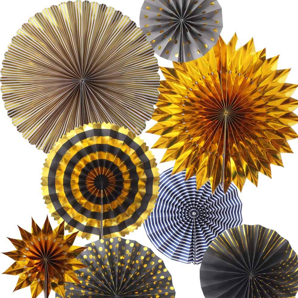 Gold & Black Paper Fans - Set of 8 for Halloween Party Decorations | Fiesta Flower Fans for Home, Wedding & Birthday Party Backdrops