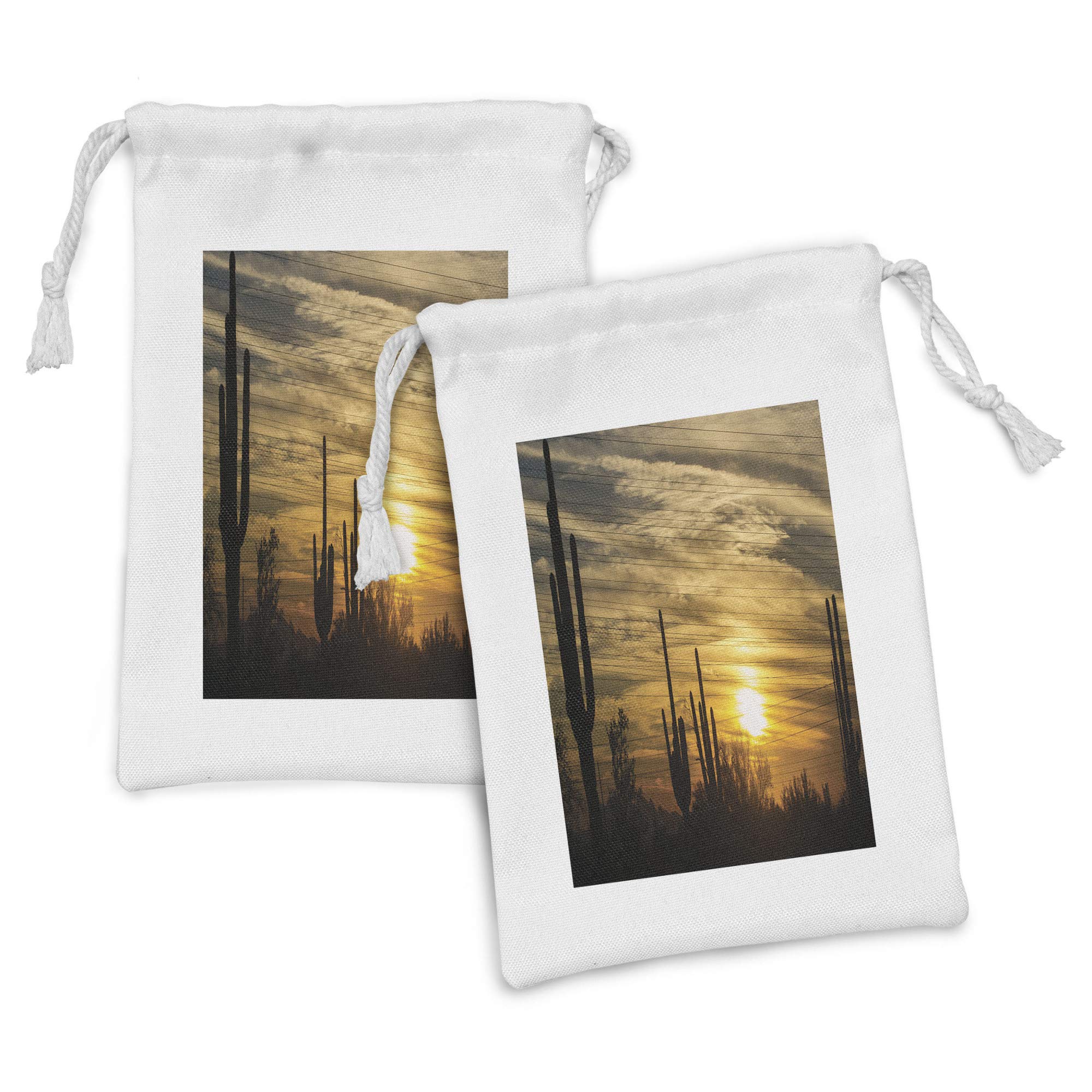 Ambesonne Arizona Fabric Pouch Set of 2 - Scottsdale Horizon Skyline with Cactus & Dramatic Clouds, 9