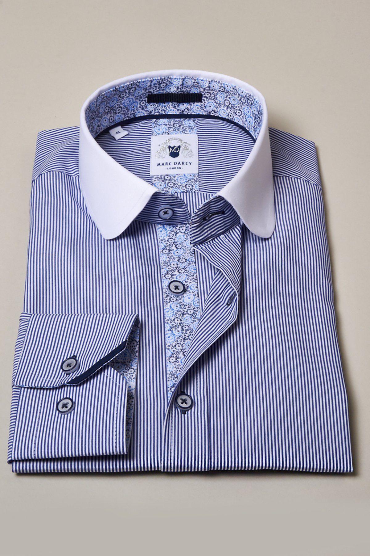 SHELBY Navy Blue Stripe Penny Collar Shirt for Men - Classic Casual Button Down Shirt for Office, Date Night & Summer Outfits