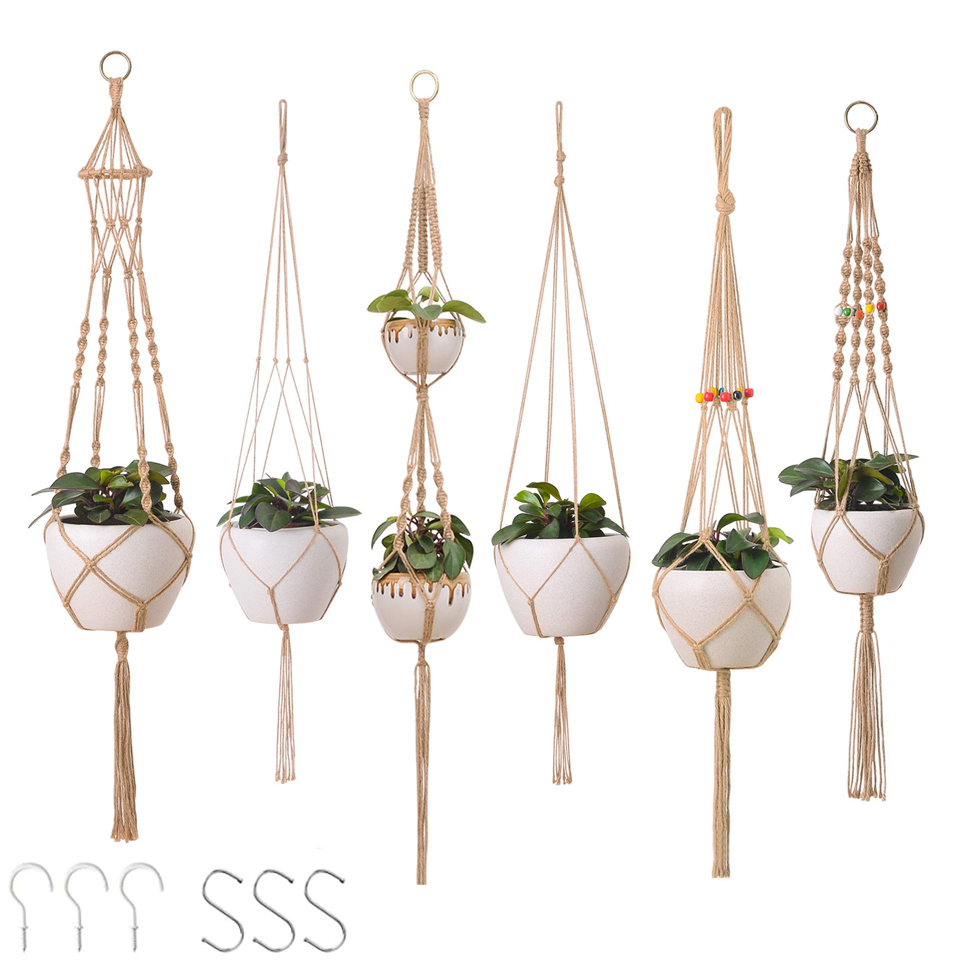 6 Pack Macrame Plant Hangers for Indoor & Outdoor Use - Boho Rope Hanging Basket with Tassels for Flower Pots, Home Decor, Garden, Patio, and Balcony (Plant Holder Stand Set)