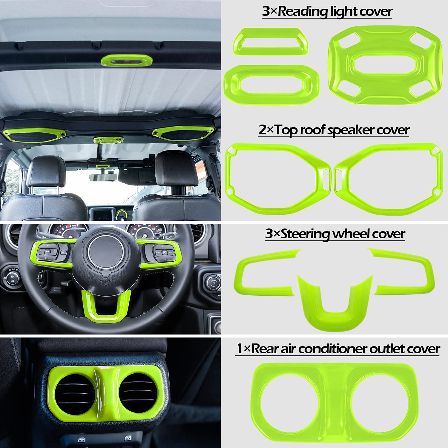 21PCS Full Interior Trim Kit for Jeep Wrangler JL/JLU 2018-2023 & Gladiator JT - AC Vent, Door Handle, Speaker, Light & Headlight Switch Covers (Green) | Upgrade Your Jeep's Interior Style for Off-Road Adventures & Daily Driving