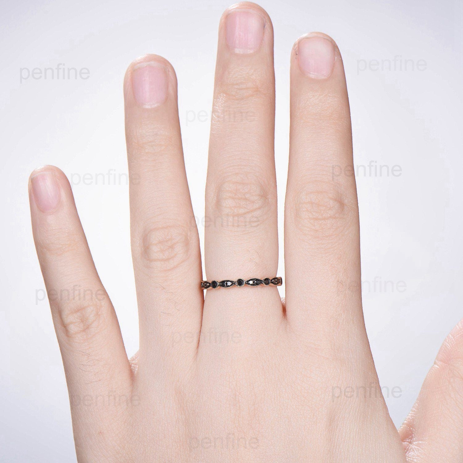 Art Deco Black Diamond Wedding Band - Vintage Black Spinel Stacking Ring for Women in Rose Gold - Eternity Fiancée Wedding Ring & Anniversary Gift - Perfect for Stacking, Bridal Sets, and Special Occasions