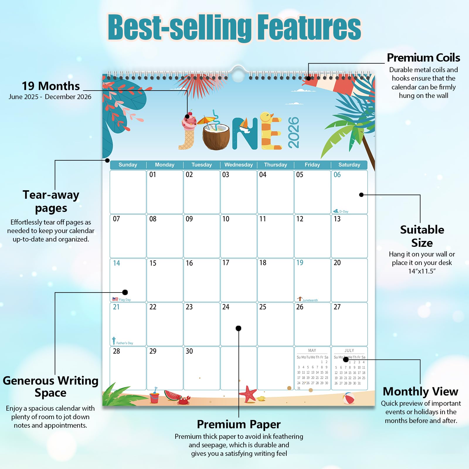 GuassLee 2025-2026 Wall Calendar | 19-Month Vertical Hanging Planner (June 2025 - December 2026) | 14