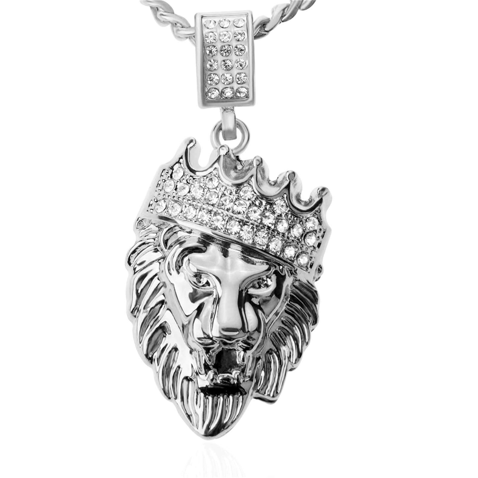 Hip Hop Jewelry Crown Lion Head Pendant - Iced Out Clear Rhinestones Cuban Chain Necklace for Men - Stainless Steel Hip Hop Bling Accessory for Rappers, Performers & Streetwear Fashion