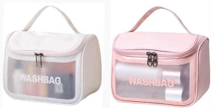 Premium Travel Makeup Organizer Set - 2 Pack Large Cosmetic Bags with Hook for Women | Waterproof Multi-Functional Toiletry Pouch for Vacation, Gym & Daily Use (Pink & White)