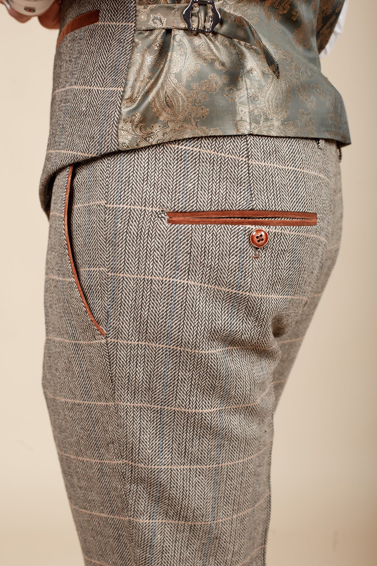 DX7 Tan Tweed Check Trousers for Men - Classic Vintage Style Casual Pants for Office, Business & Smart Casual Outfits