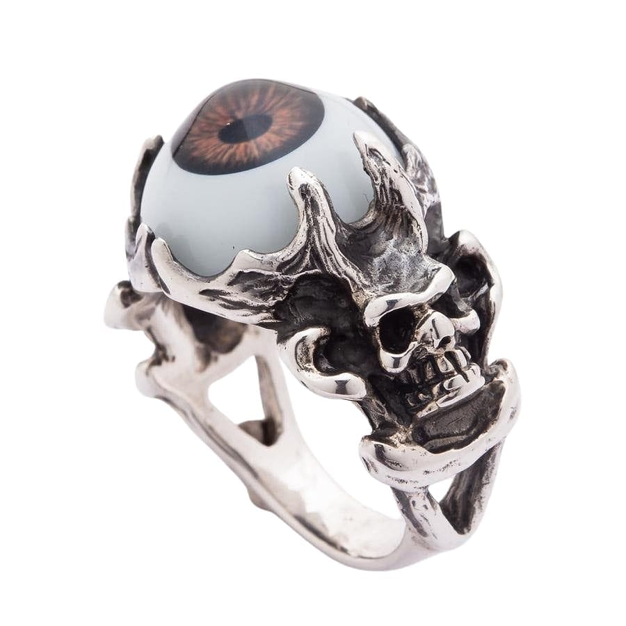Gothic Devil Skull Ring with Brown Eyeball - Sterling Silver Jewelry for Men & Women - Perfect for Halloween, Punk Fashion, and Dark Aesthetic Outfits