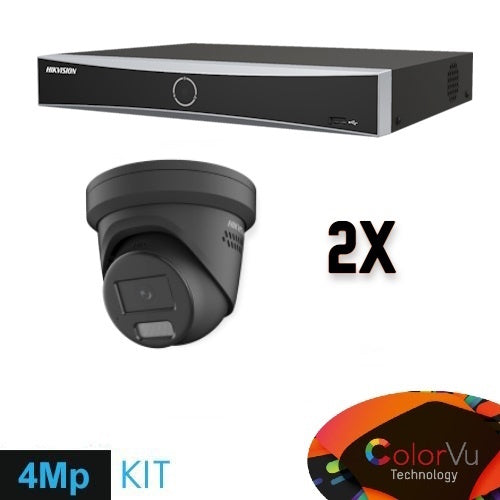 2-Pack ColorVu 4MP Turret Security Camera Set with Recorder and Cables - Indoor/Outdoor Surveillance for Home & Business Security