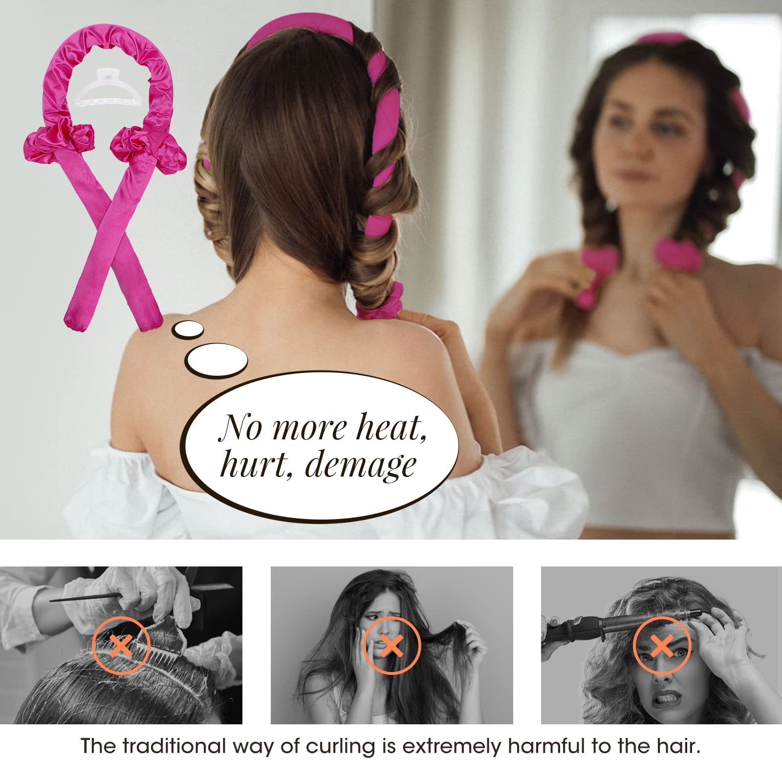 Heatless Hair Curler Set - IENIN Silk Hair Rollers for Long Hair with Soft Scrunchies & Clips | No Heat Curling Rod Headband for Overnight Styling | Rose Red | Perfect for Bedtime, Travel & Damage-Free Curls