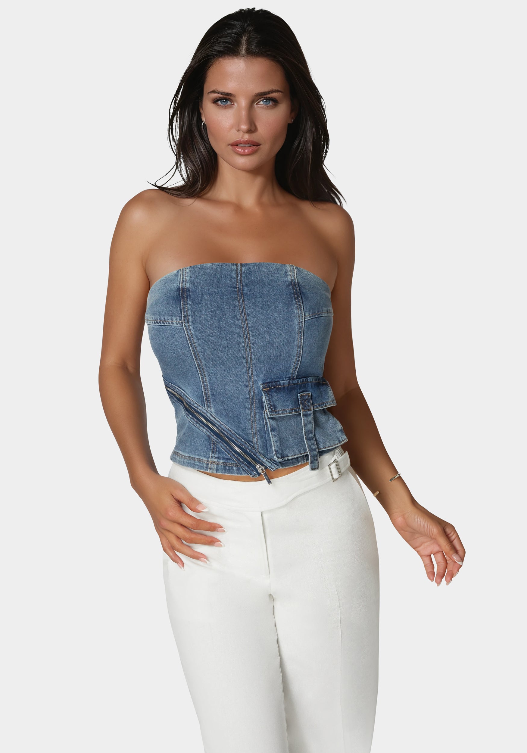 Stylish Women's Denim Top with Zipper & Cargo Pockets - Casual Streetwear for Everyday Wear | Perfect for Outings, Shopping & Date Nights