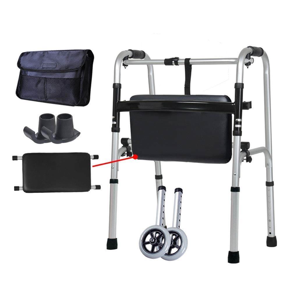 Foldable 2-Wheel Rollator Walker with Adjustable Height - Reversible Leather Pad, Shower Chair & Transport Trolley | Includes Carry Bag & Ski Mat | Mobility Aid for Elderly & Handicapped | Ideal for Indoor/Outdoor Use, Travel & Daily Assistance