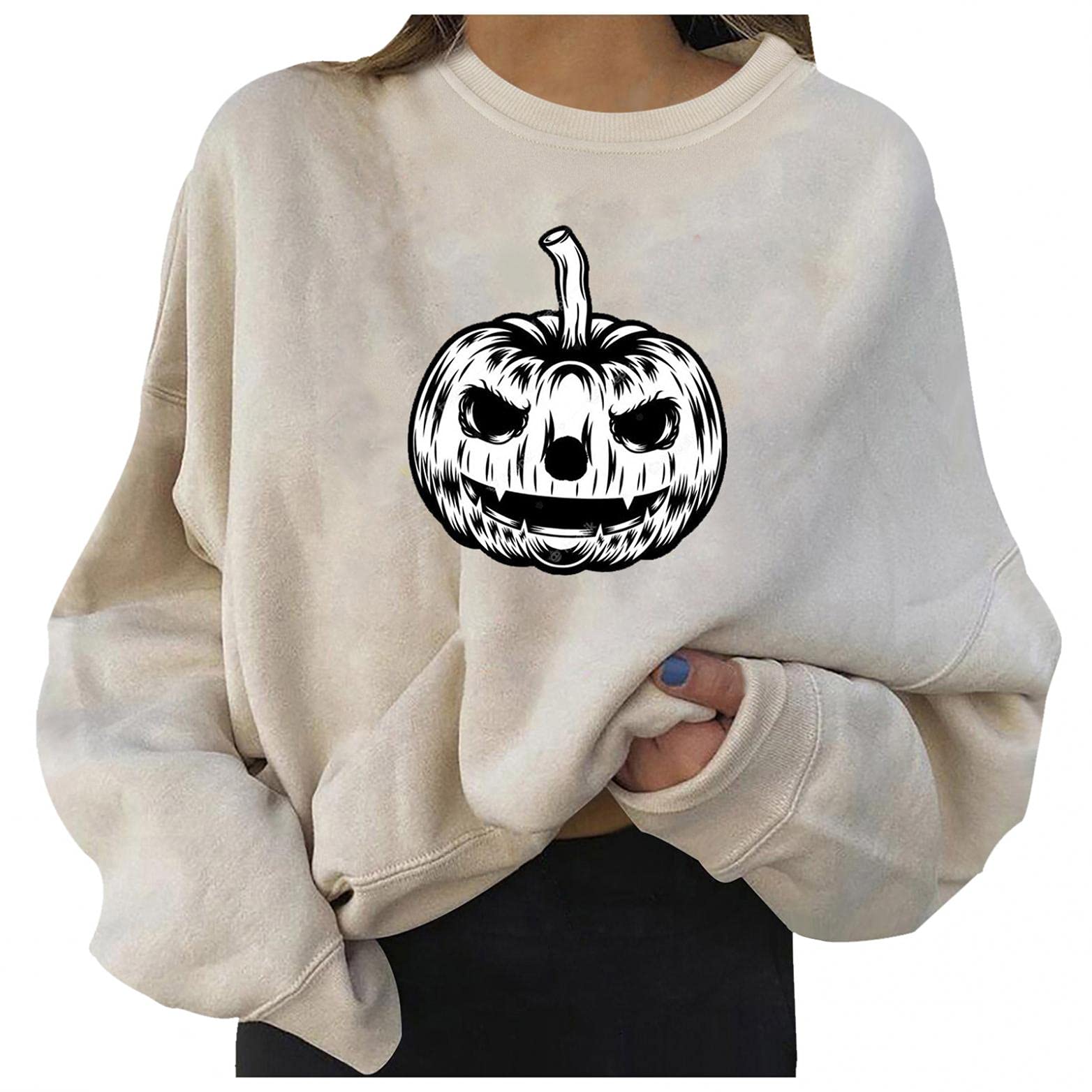 **Women's Halloween Printed Crewneck Sweatshirt - Long Sleeve Tunic Top for Leggings, Casual Pullover Sweater, White - Perfect for Halloween Parties, Fall Outfits & Cozy Loungewear**