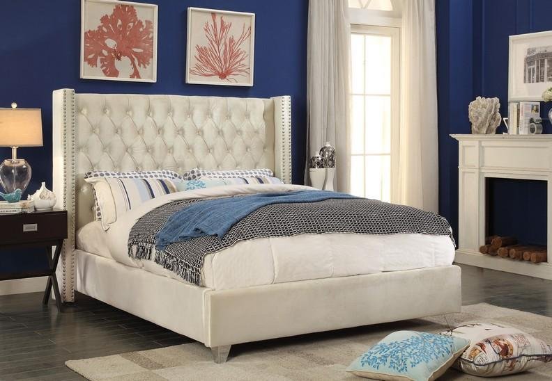 Luxury Velvet Fabric Bed Frame with Nailhead Trim and Wingback Design - Elegant Upholstered Bed for Master Bedroom, Guest Room & Home Decor