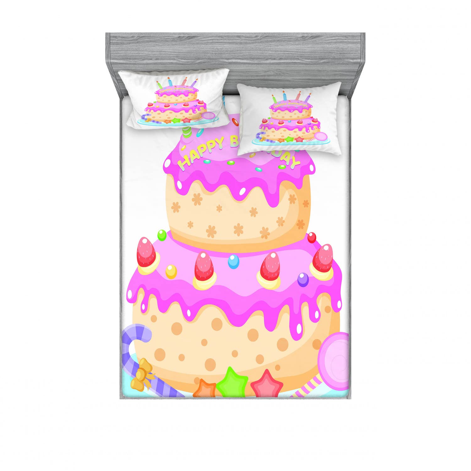 Ambesonne 2-Piece Queen Size Fitted Sheet & 4 Pillow Sham Set - Birthday Party Theme with Candles and Candies Design - Pale Pink Bedding Decor for Guest Room, Dorm, or Special Occasions