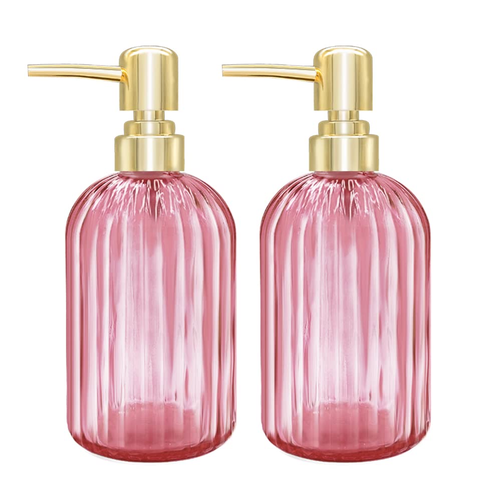 2 Pack 14oz Clear Soap Dispenser with Pump - Refillable Kitchen & Bathroom Liquid Soap Dispenser for Hand Soap, Dish Soap or Lotion (Pink) | Perfect for Countertop, Sink, Vanity & Home Decor