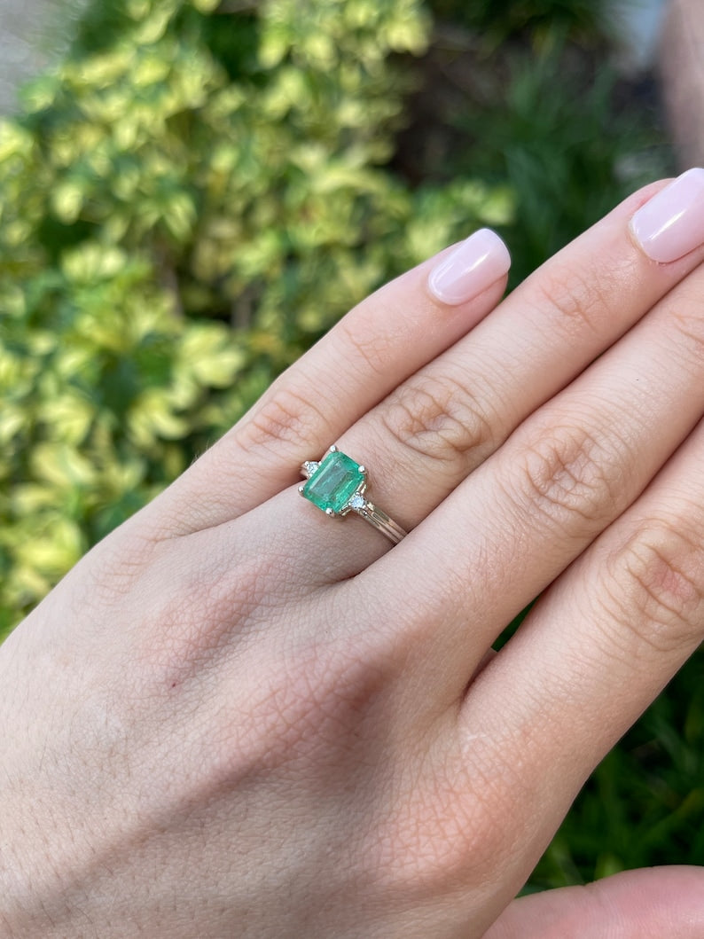 1.92tcw SS Natural Medium Green Brilliant Round Emerald Cut Diamond Three Stone Sterling Silver Ring for Women - Elegant Wedding, Engagement & Anniversary Jewelry Gift