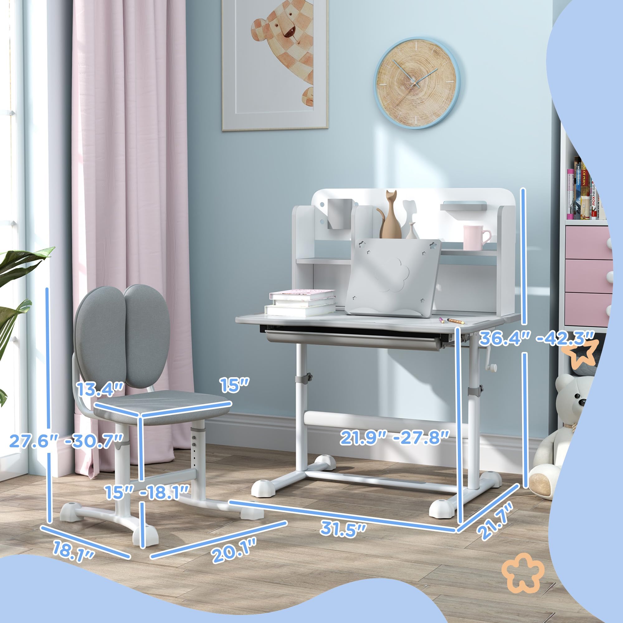 Qaba Adjustable Kids Desk and Chair Set with Tilt Desktop, Storage Drawer & Book Rack - Ergonomic Study Table for Writing, Reading, Drawing - Perfect for Homeschooling & Online Learning (Gray)