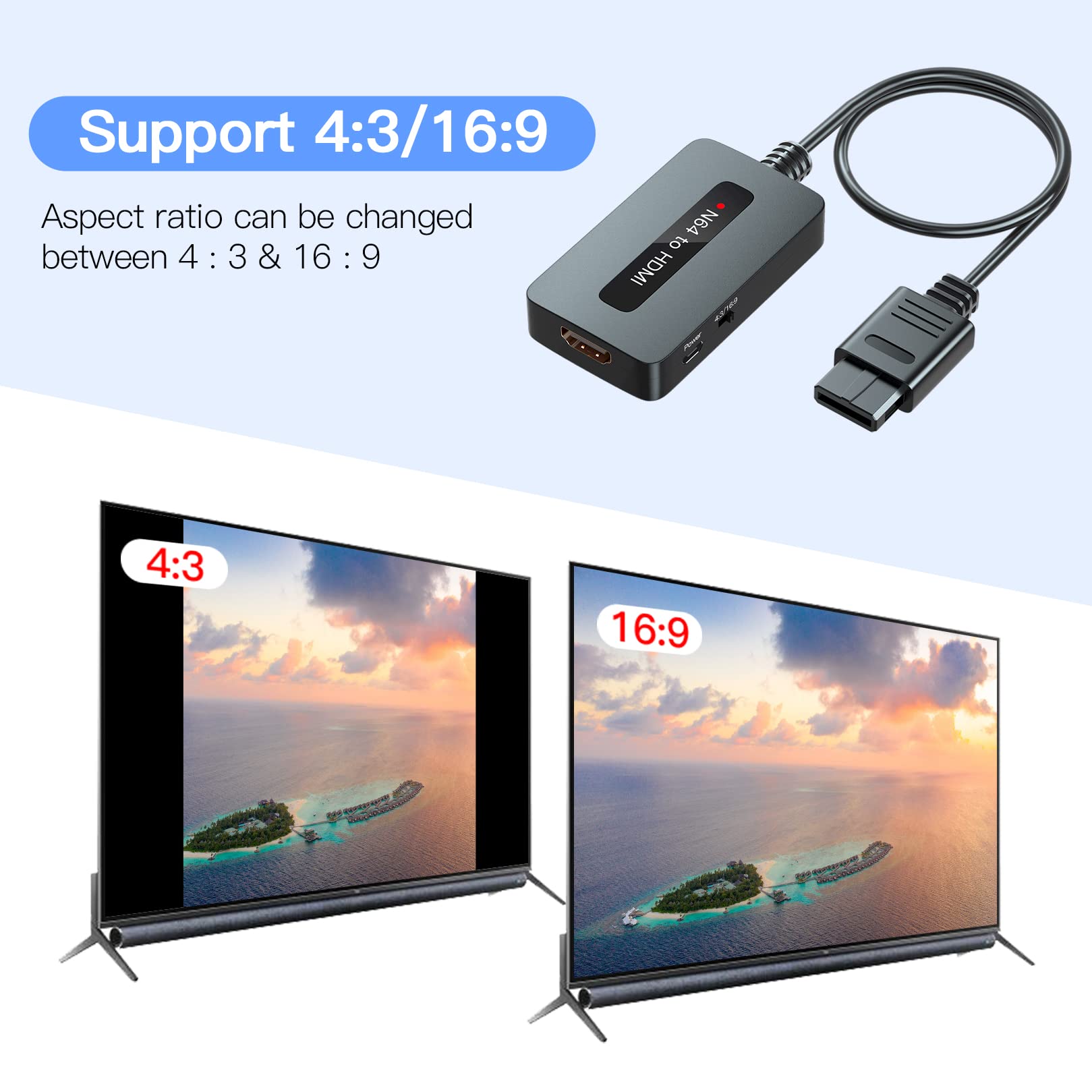 N64 to HDMI Converter with 4:3 & 16:9 Ratio Switch - Nintendo 64/SNES/NGC Compatible HDMI Adapter Cable for Classic Gaming on Modern TVs