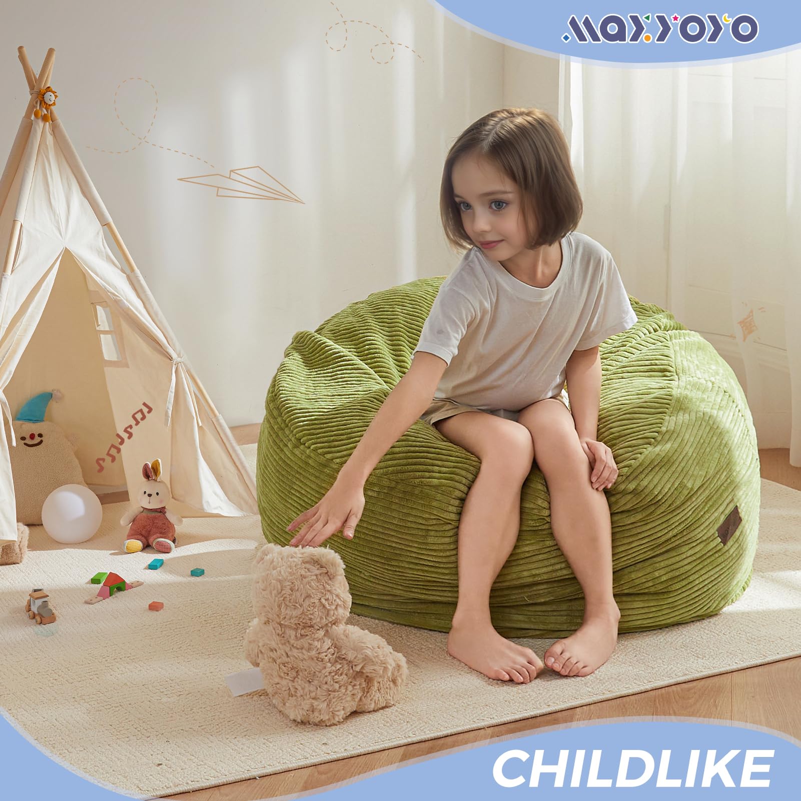 MAXYOYO Kids Corduroy Bean Bag Chair - Convertible to Floor Mattress | Green Soft Lounge Chair for Bedroom, Playroom & Dorm | Comfortable Reading Nook & Gaming Seat